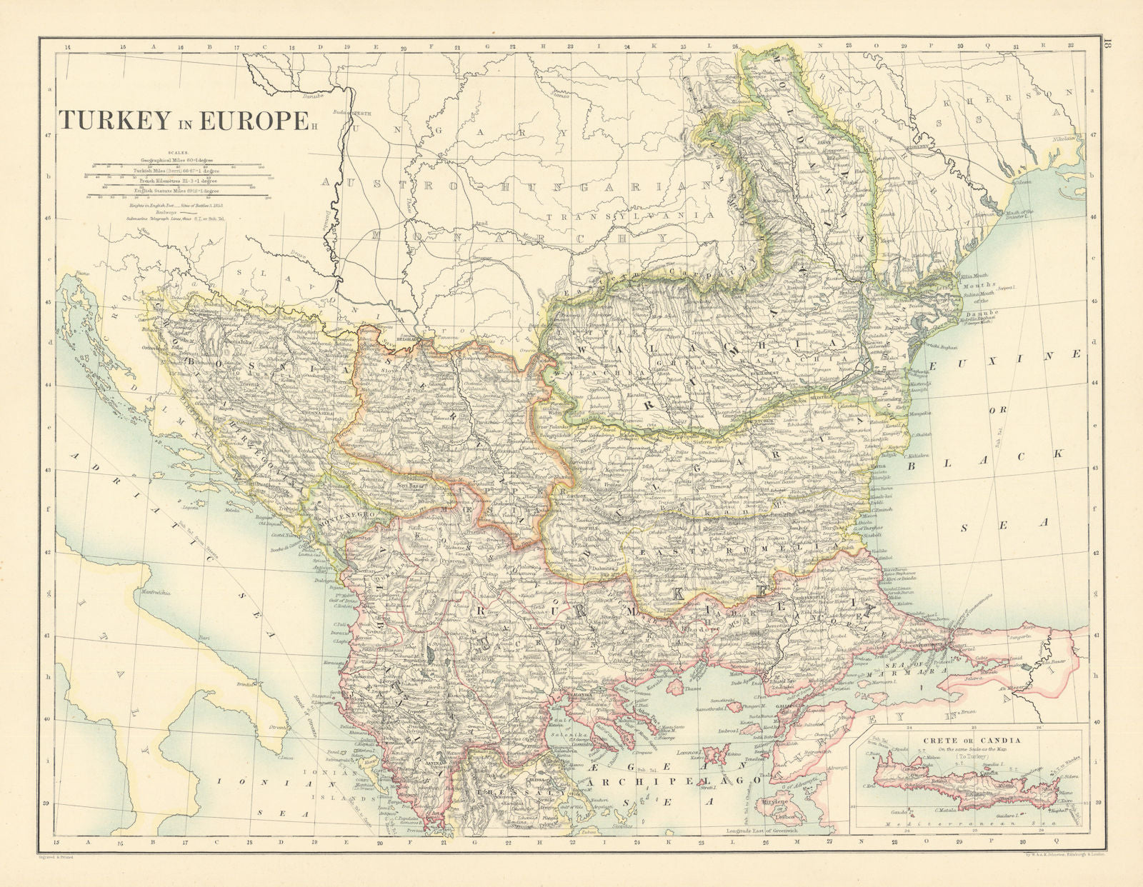 Turkey in Europe by W. & A.K. Johnston. Balkans 1887 old antique map chart